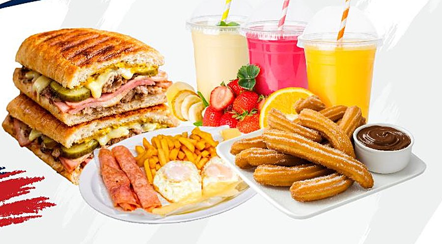 Cuban sandwich, breakfast plate, churros with chocolate and fresh shakes
