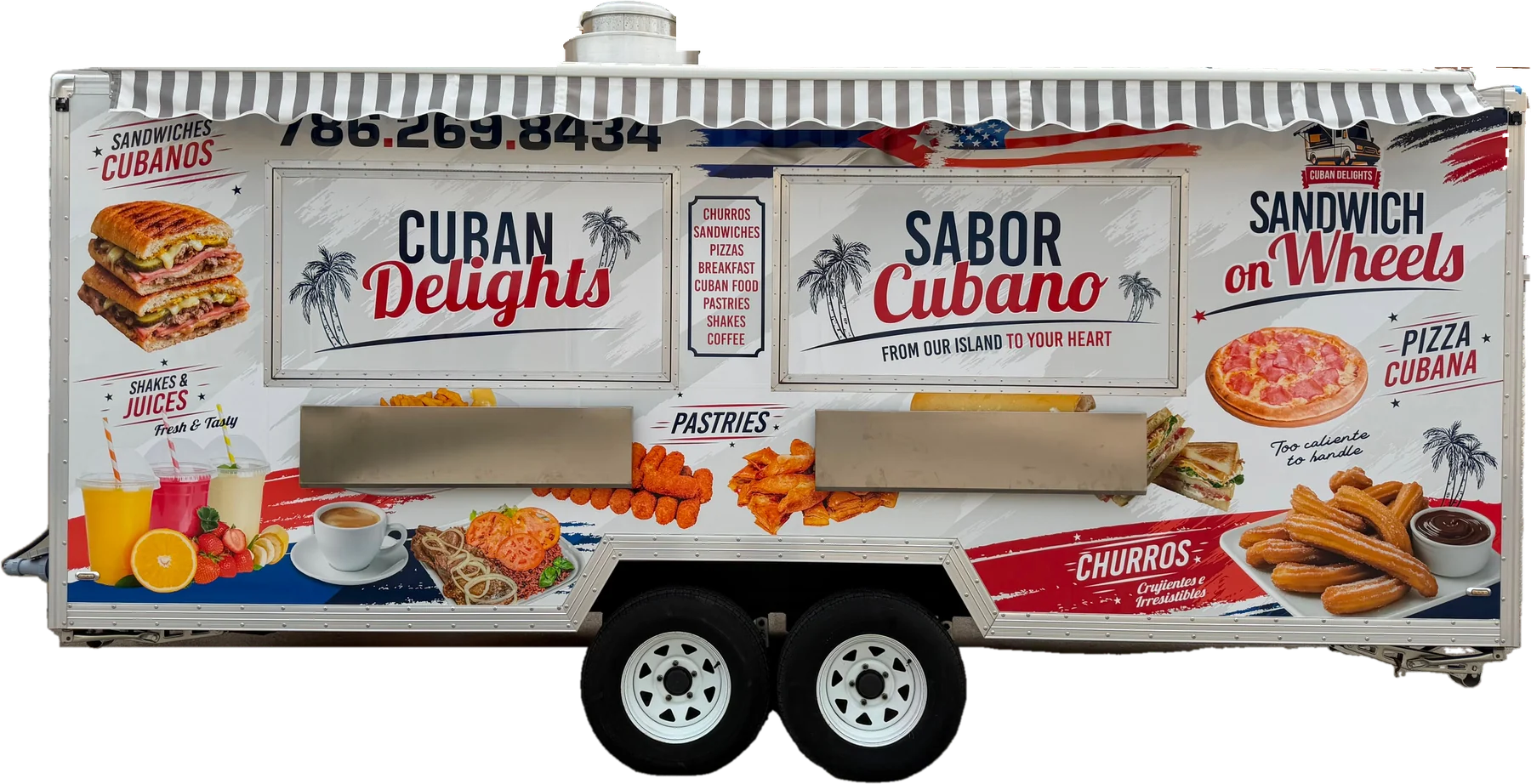 The Cuban Delights food trailer, wrapped in red, white and blue with photos of Cuban sandwiches, pizza, churros and pastries